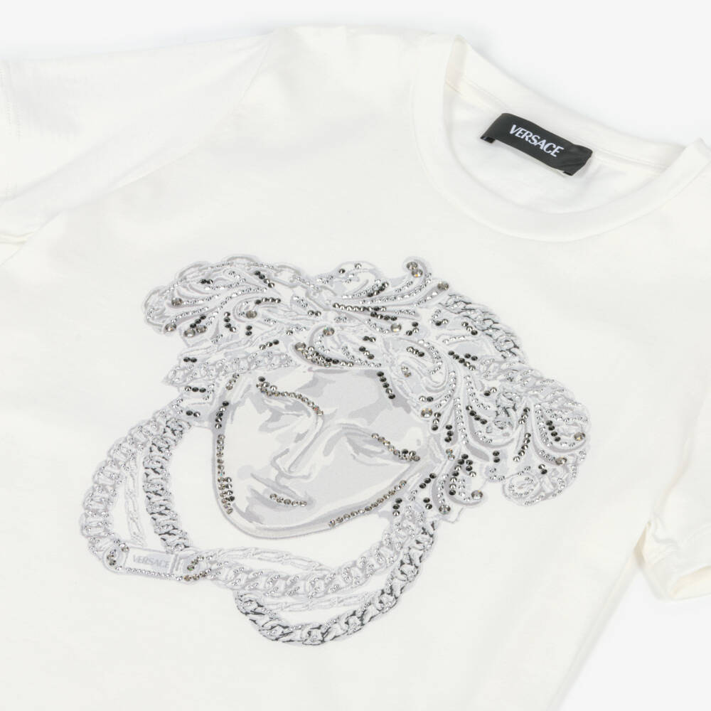 Versace-Junior White Medusa Cotton T-Shirt with Studs & Diamantés | Childrensalon