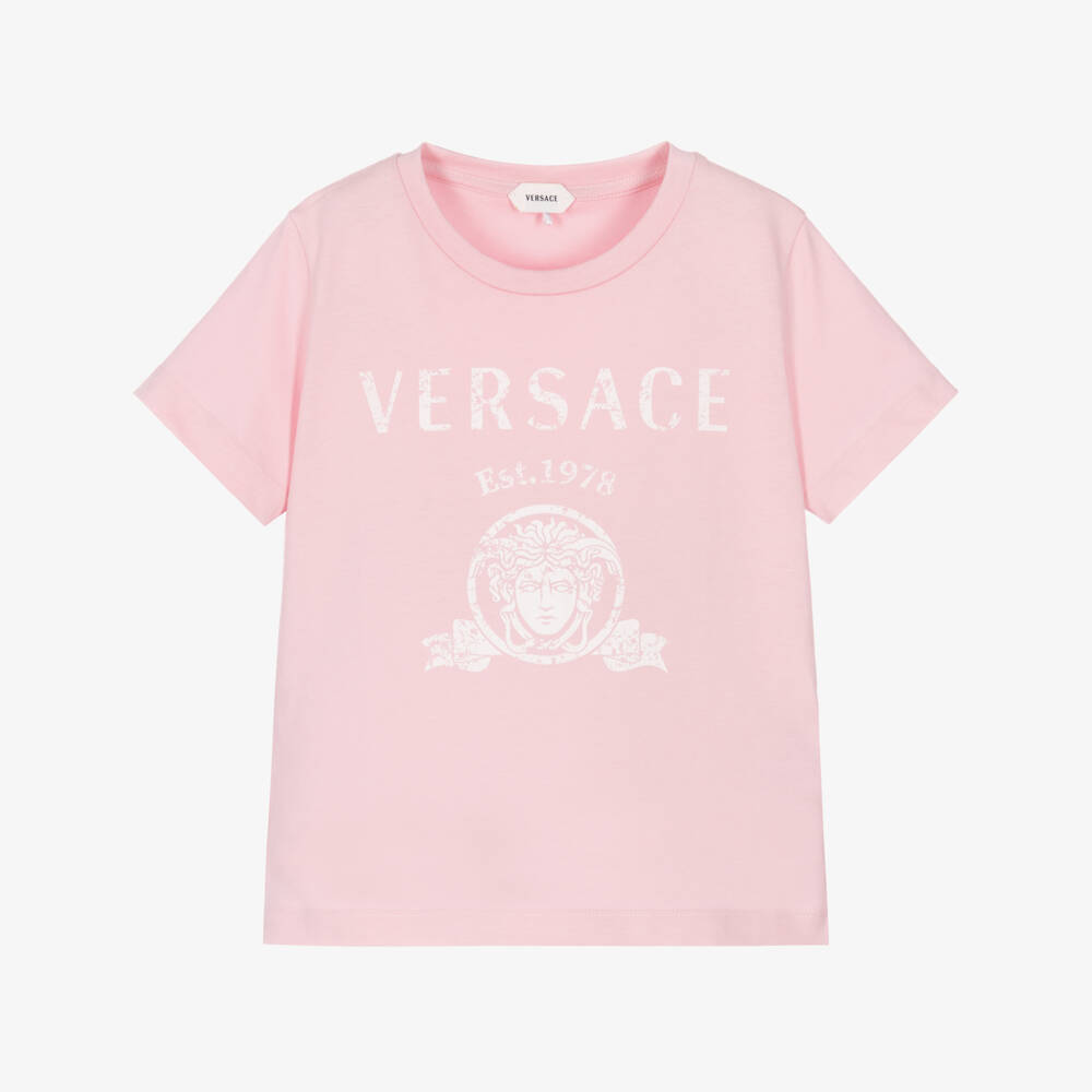 Versace-Light Pink Cotton Jersey Varsity Print T-Shirt | Childrensalon