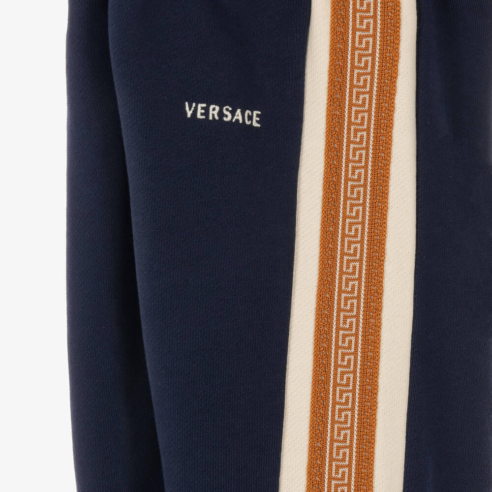 Versace-Navy Blue Cotton Joggers with Greca Trim | Childrensalon