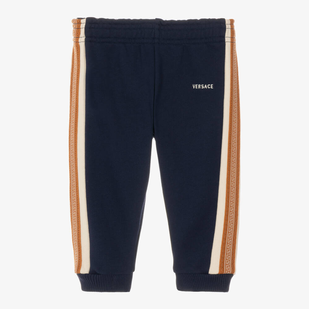 Versace-Navy Blue Cotton Joggers with Greca Trim | Childrensalon