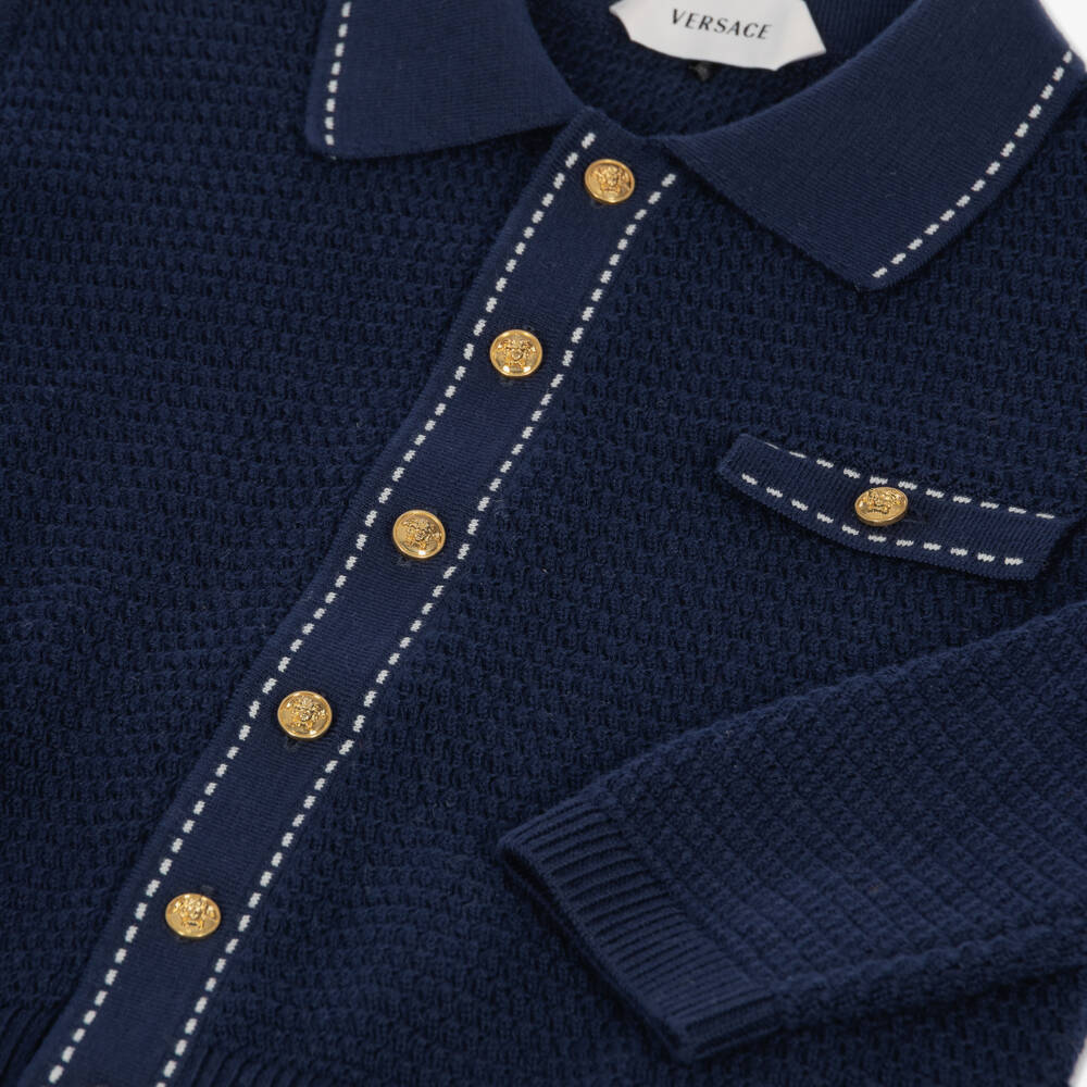 Versace-Navy Blue Cotton Knit Polo Cardigan | Childrensalon