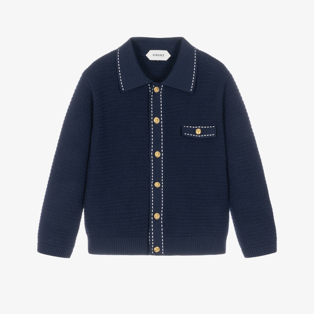 Versace-Navy Blue Cotton Knit Polo Cardigan | Childrensalon