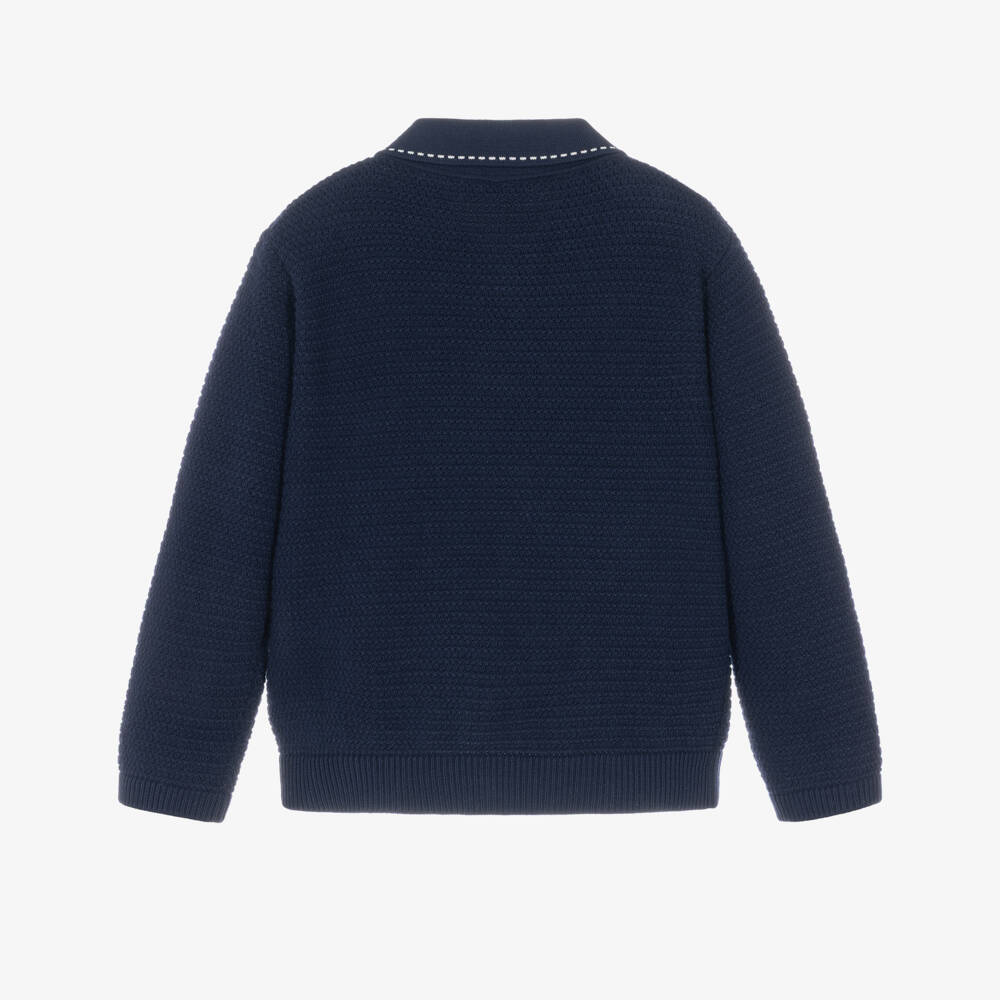 Versace-Navy Blue Cotton Knit Polo Cardigan | Childrensalon