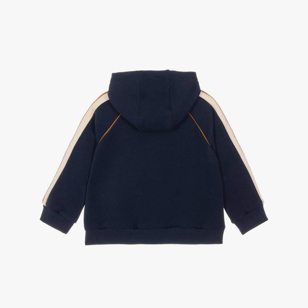 Versace-Navy Blue Cotton Zip-Up Hoodie with Greca Trim | Childrensalon