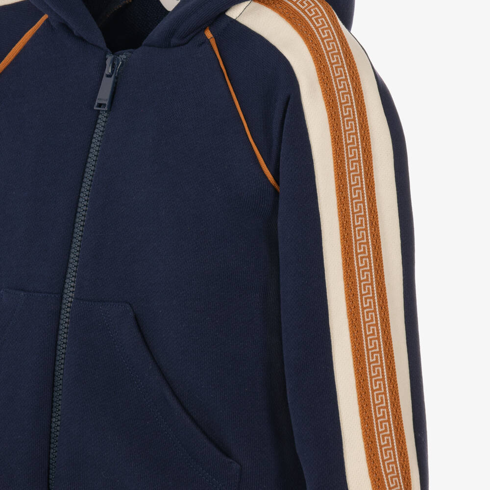 Versace-Navy Blue Cotton Zip-Up Hoodie with Greca Trim | Childrensalon