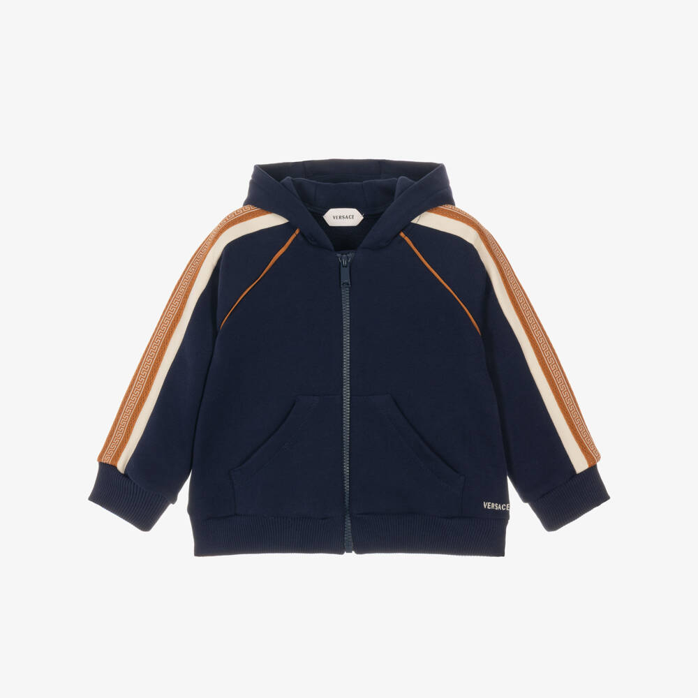 Versace-Navy Blue Cotton Zip-Up Hoodie with Greca Trim | Childrensalon
