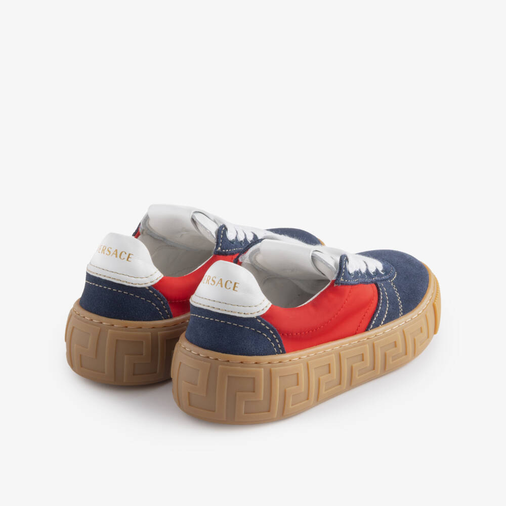 Versace-Navy Blue Suede Leather Trainers with Greca Detail | Childrensalon