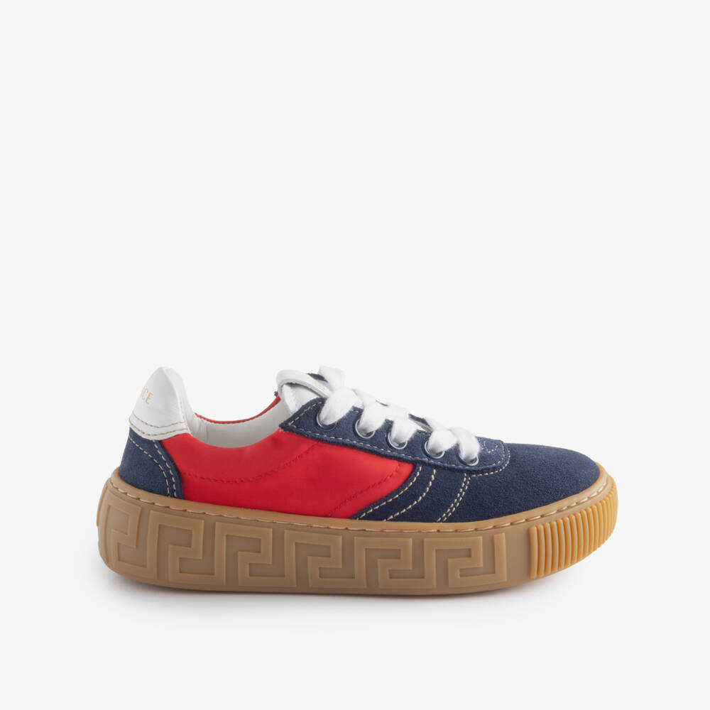 Versace-Navy Blue Suede Leather Trainers with Greca Detail | Childrensalon