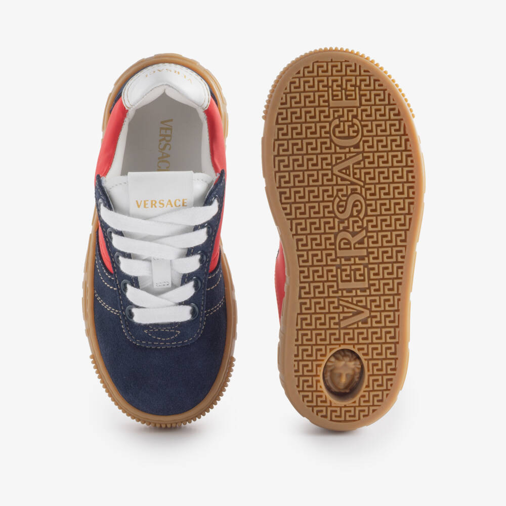Versace-Navy Blue Suede Leather Trainers with Greca Detail | Childrensalon