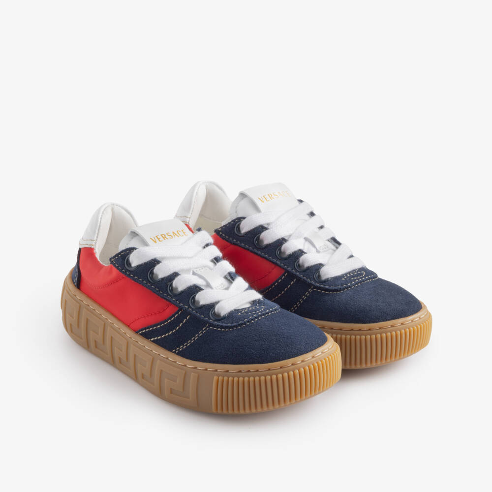 Versace-Navy Blue Suede Leather Trainers with Greca Detail | Childrensalon