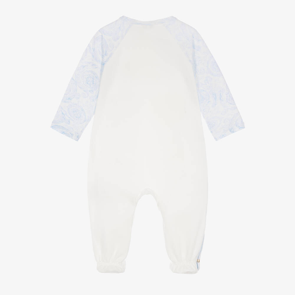 Versace-White & Blue Barocco Print Cotton Babygrow | Childrensalon