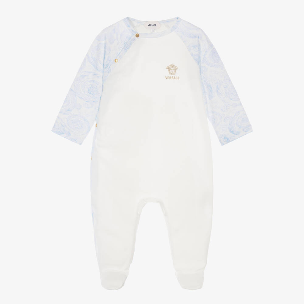 Versace-White & Blue Barocco Print Cotton Babygrow | Childrensalon