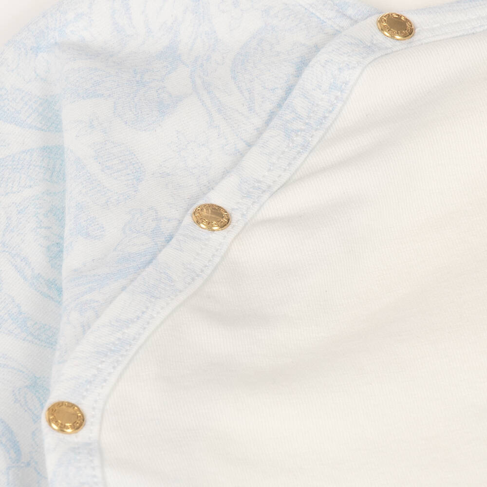 Versace-White & Blue Barocco Print Cotton Babygrow | Childrensalon