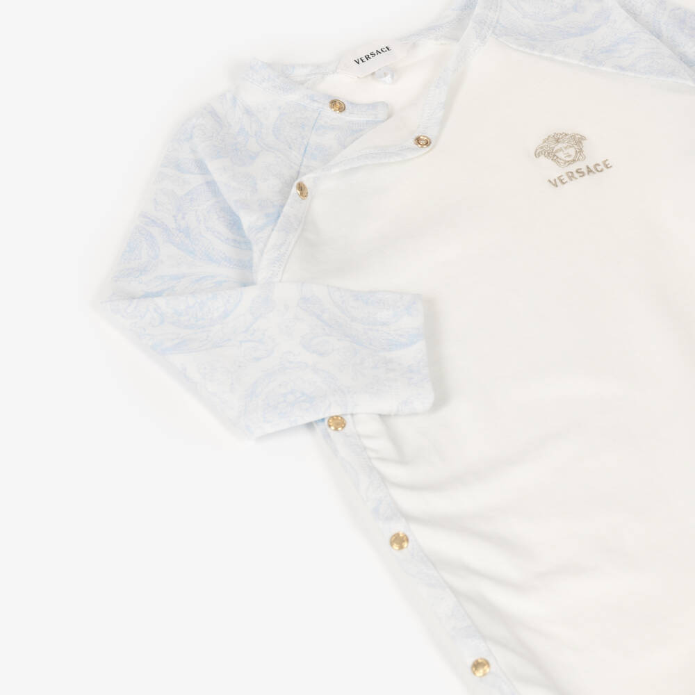 Versace-White & Blue Barocco Print Cotton Babygrow | Childrensalon