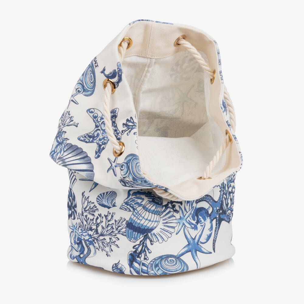 Versace-White & Blue Coral Theatre Cotton Drawstring Bag (41cm) | Childrensalon
