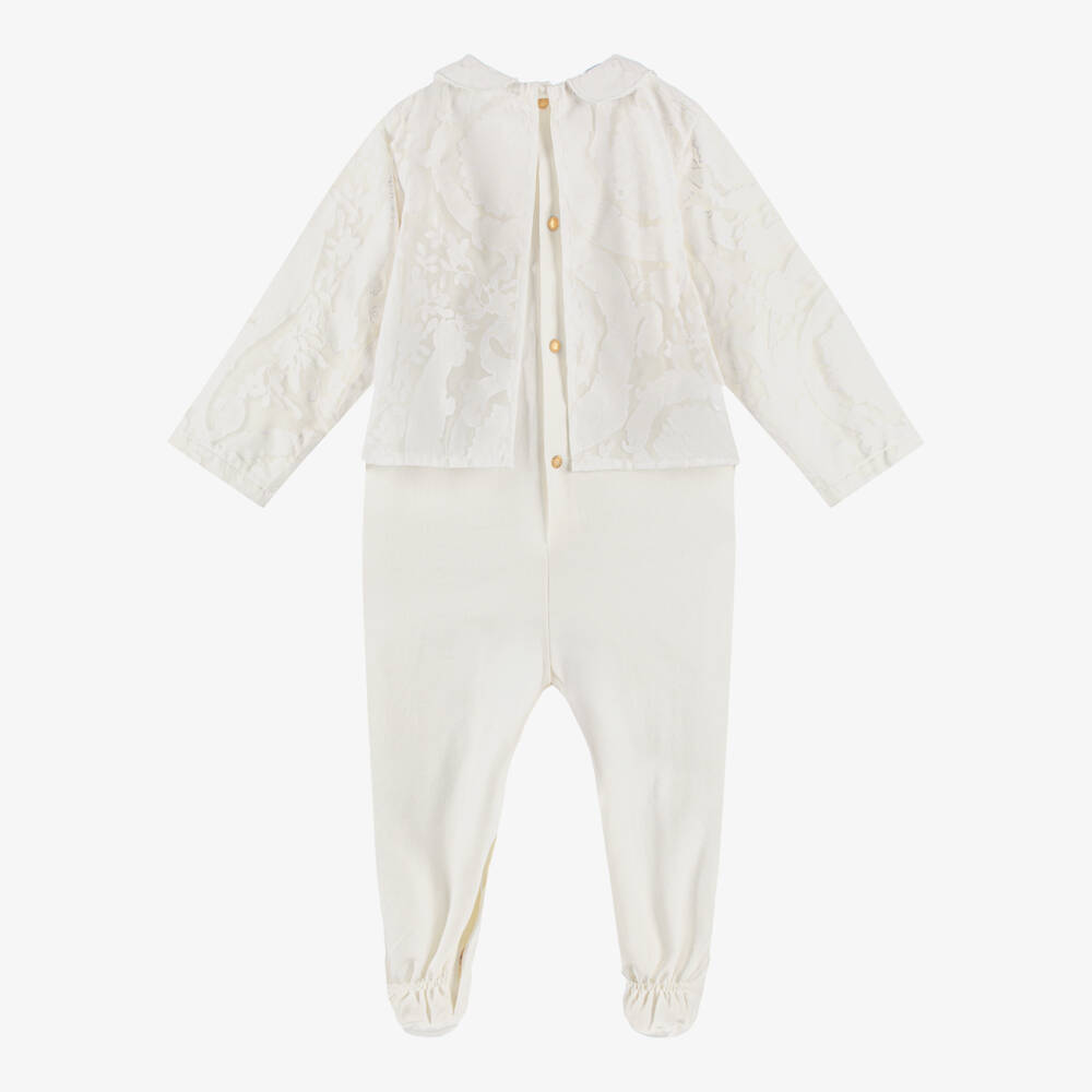Versace-White Cotton Babygrow with Barocco Devoré Overlay | Childrensalon