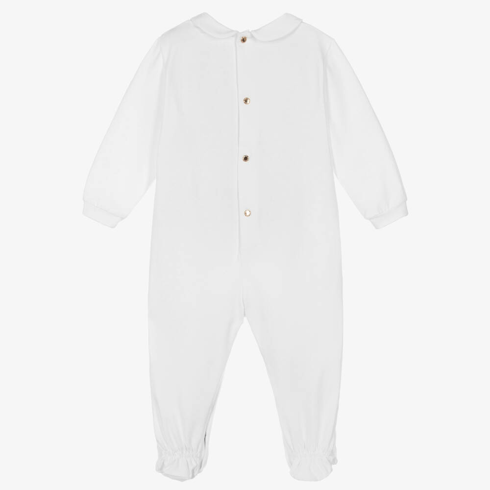 Versace-White Cotton Jersey Babygrow with Metallic Medusa Print | Childrensalon