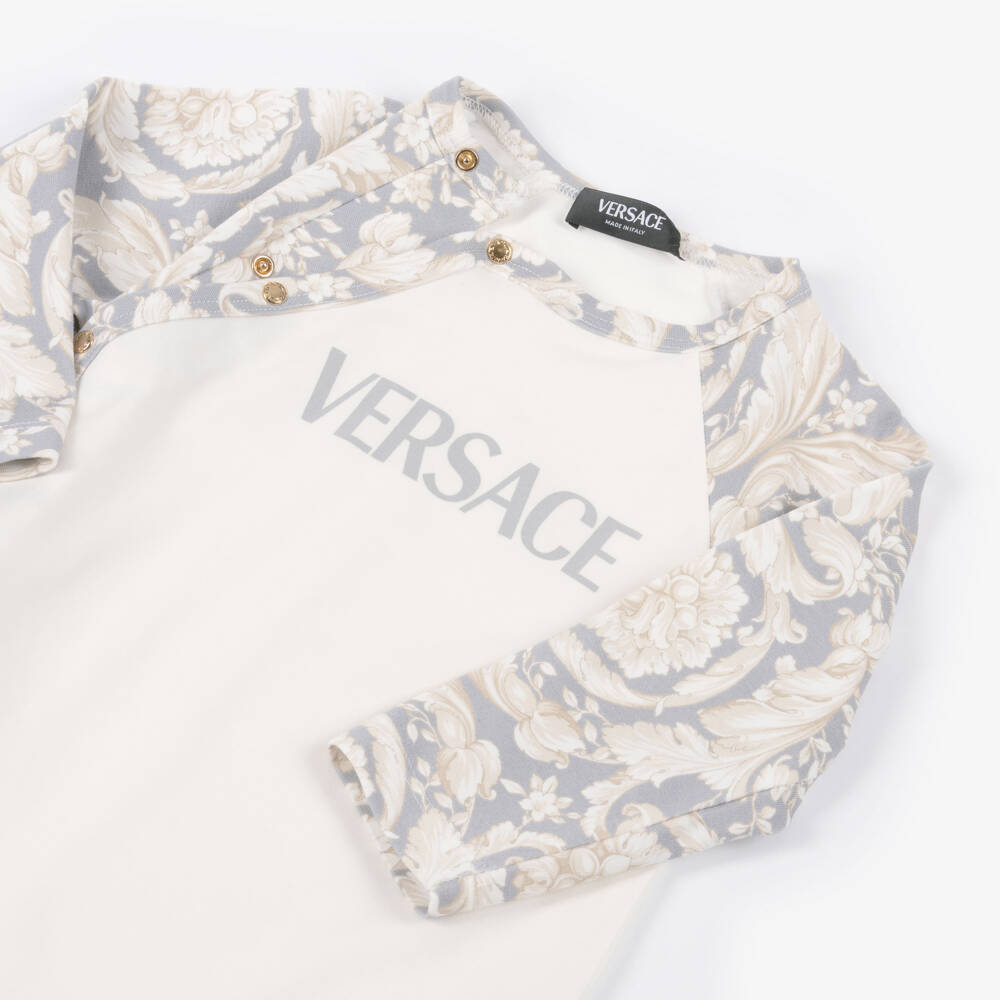 Versace-White Cotton Logo Babygrow with Grey Barocco Sleeves  | Childrensalon