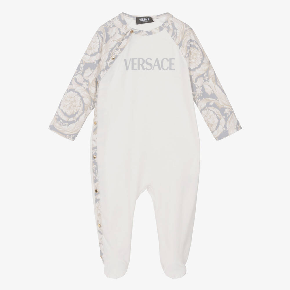 Versace-White Cotton Logo Babygrow with Grey Barocco Sleeves  | Childrensalon