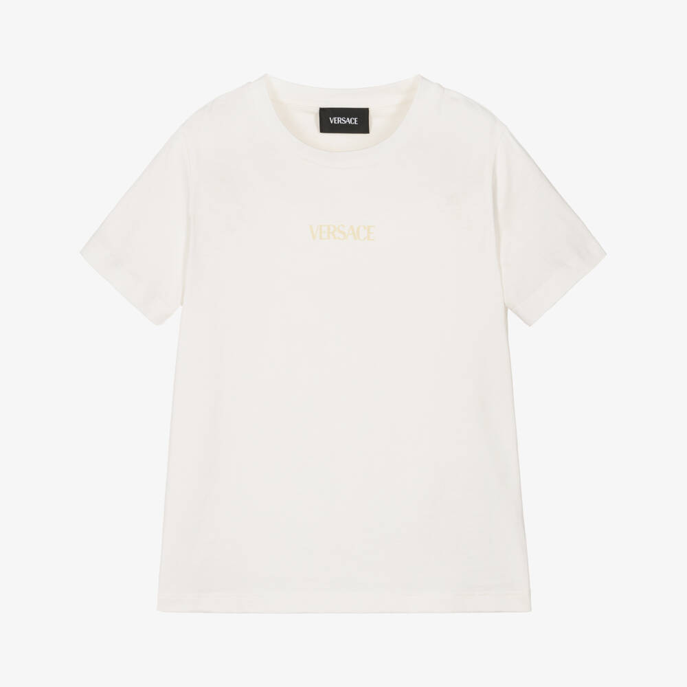 Versace-Футболка белая хлопковая с золотым принтом Barocco | Childrensalon
