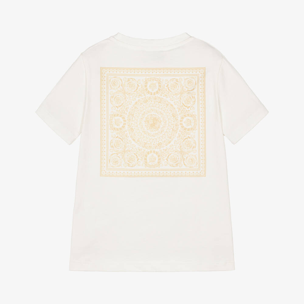 Versace-Футболка белая хлопковая с золотым принтом Barocco | Childrensalon