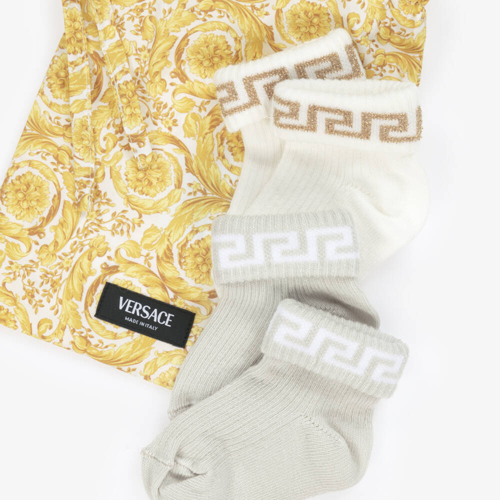 Versace-White & Grey Knitted Cotton Greca Baby Socks (2 Pack) | Childrensalon