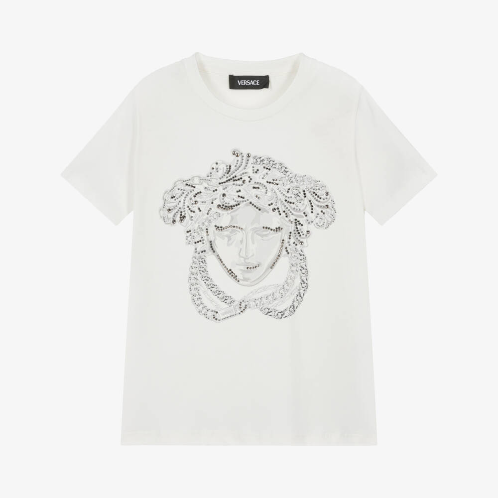 Versace-White Medusa Cotton T-Shirt with Studs & Diamantés | Childrensalon