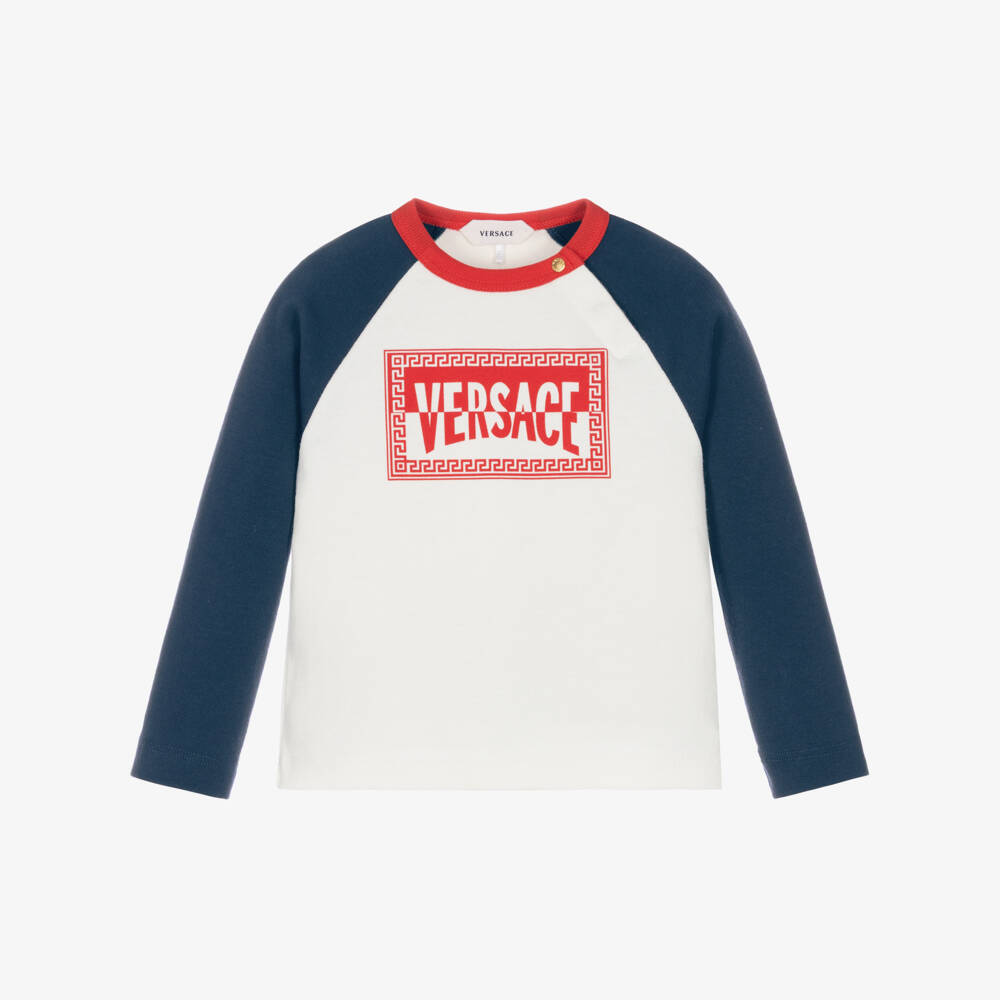 Versace-White & Navy Blue Cotton Top | Childrensalon