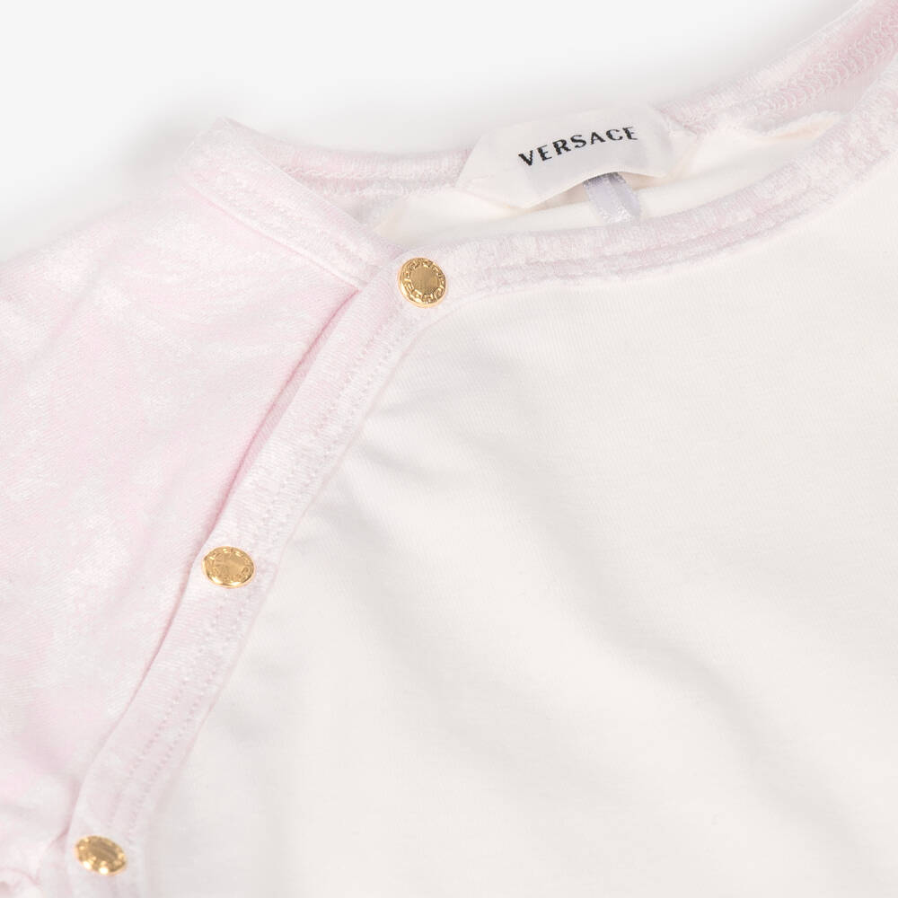 Versace-White & Pink Barocco Print Cotton Babygrow | Childrensalon