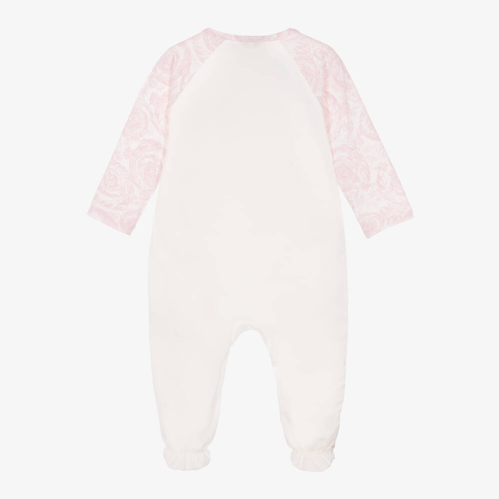 Versace-White & Pink Barocco Print Cotton Babygrow | Childrensalon