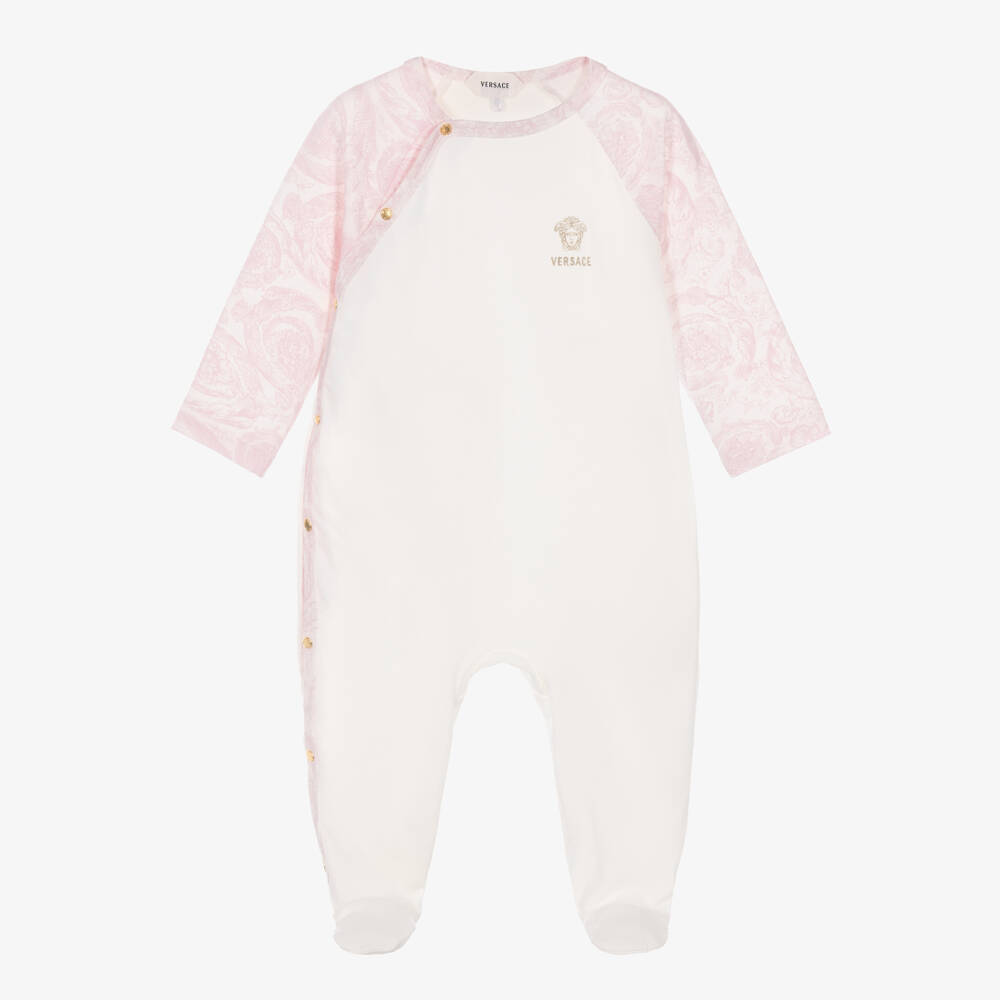Versace-White & Pink Barocco Print Cotton Babygrow | Childrensalon