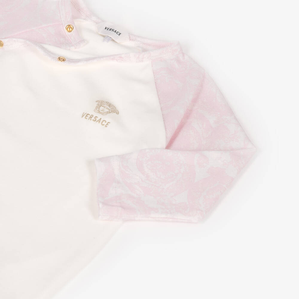 Versace-White & Pink Barocco Print Cotton Babygrow | Childrensalon
