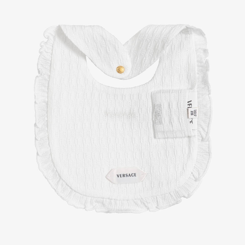 Versace-White Textured Cotton Knit Baby Bib | Childrensalon