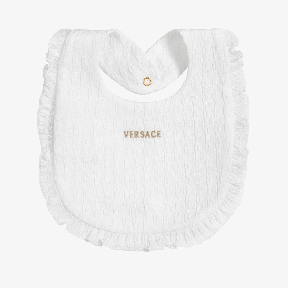 Versace-White Textured Cotton Knit Baby Bib | Childrensalon