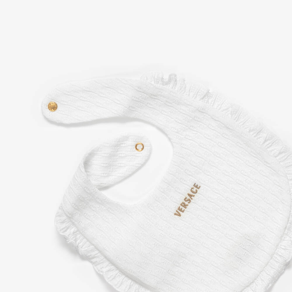 Versace-White Textured Cotton Knit Baby Bib | Childrensalon