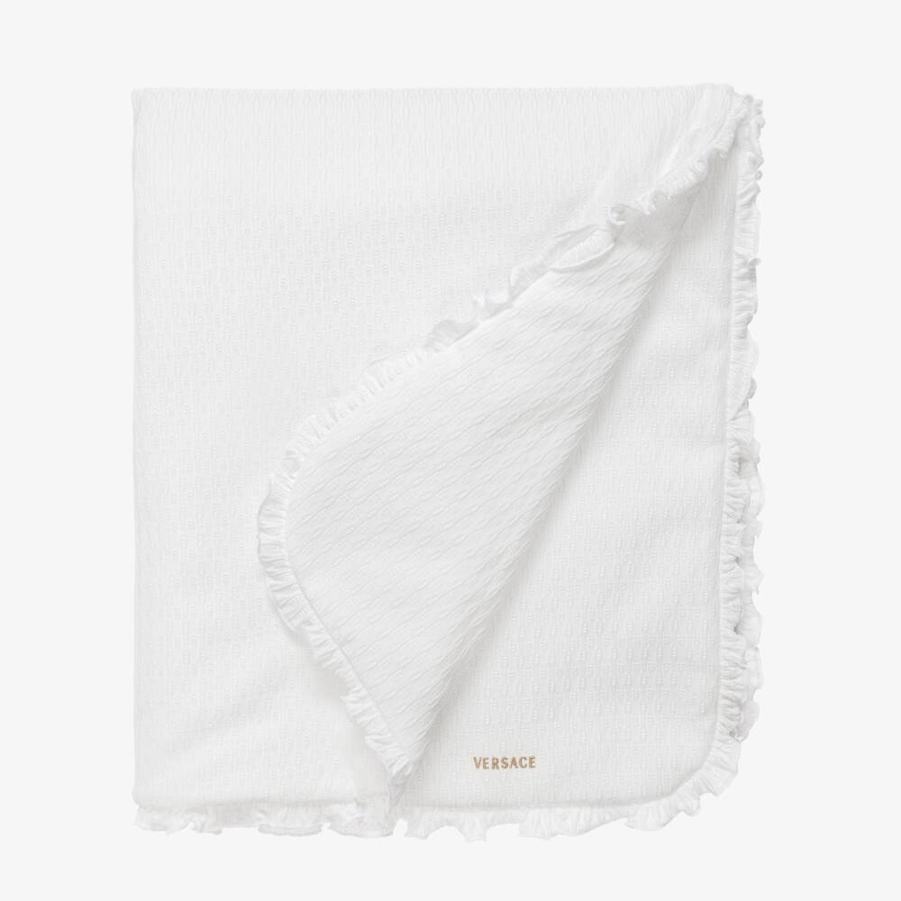 Versace-White Textured Cotton Knit Padded Baby Blanket (75cm) | Childrensalon