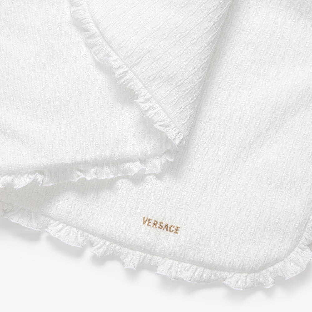 Versace-White Textured Cotton Knit Padded Baby Blanket (75cm) | Childrensalon