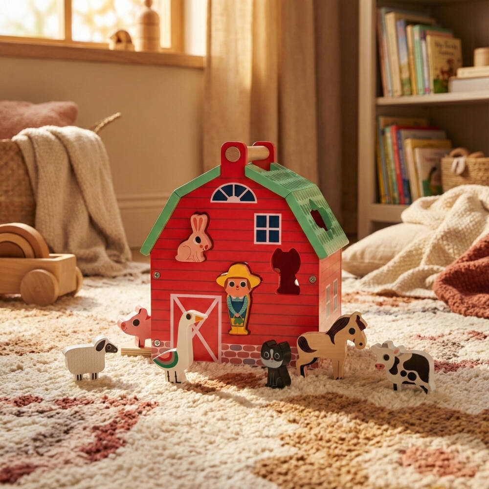 Vilac-Red Wooden Farmyard Shape Sorter Set (22cm) | Childrensalon