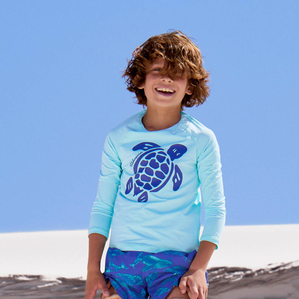Vilebrequin-Boys Aqua Blue Turtle Print Swim Top (UPF50+) | Childrensalon