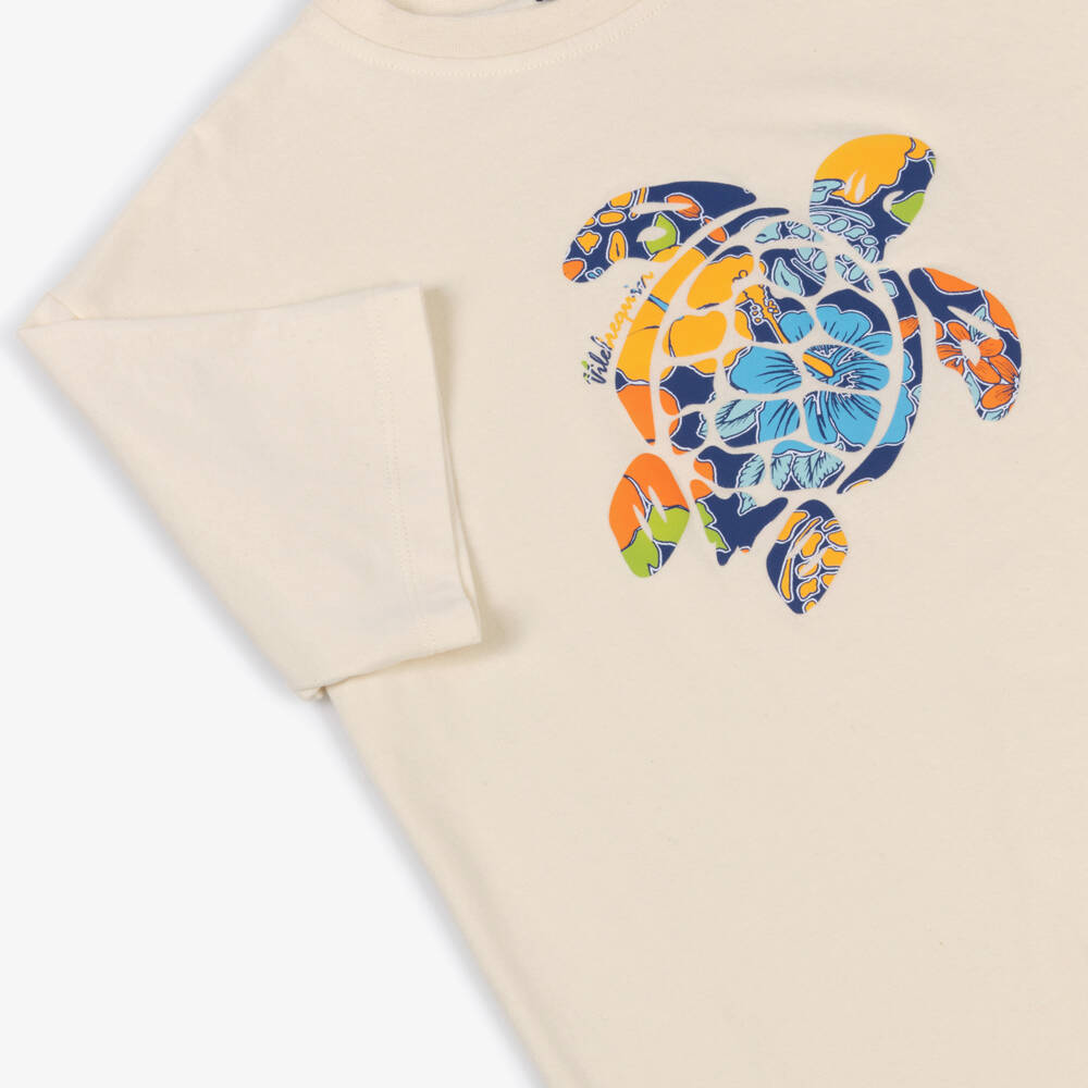 Vilebrequin-Boys Beige Organic Cotton T-Shirt with Colourful Turtle Print | Childrensalon