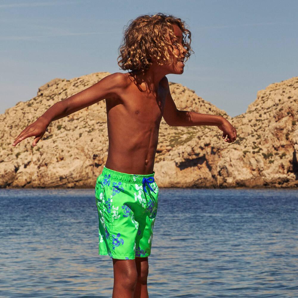 Vilebrequin-Boys Green Swim Shorts with Football Turtles | Childrensalon