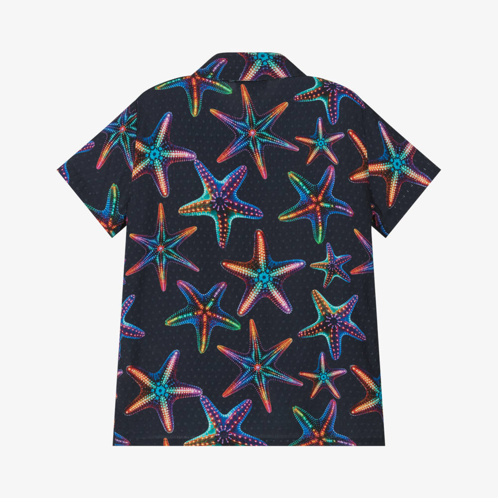 Vilebrequin-Boys Navy Blue Disco Stars Short Sleeve Shirt | Childrensalon