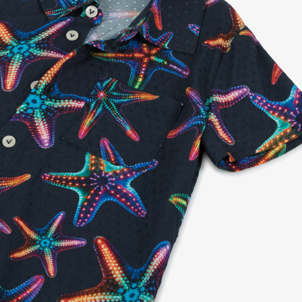 Vilebrequin-Boys Navy Blue Disco Stars Short Sleeve Shirt | Childrensalon