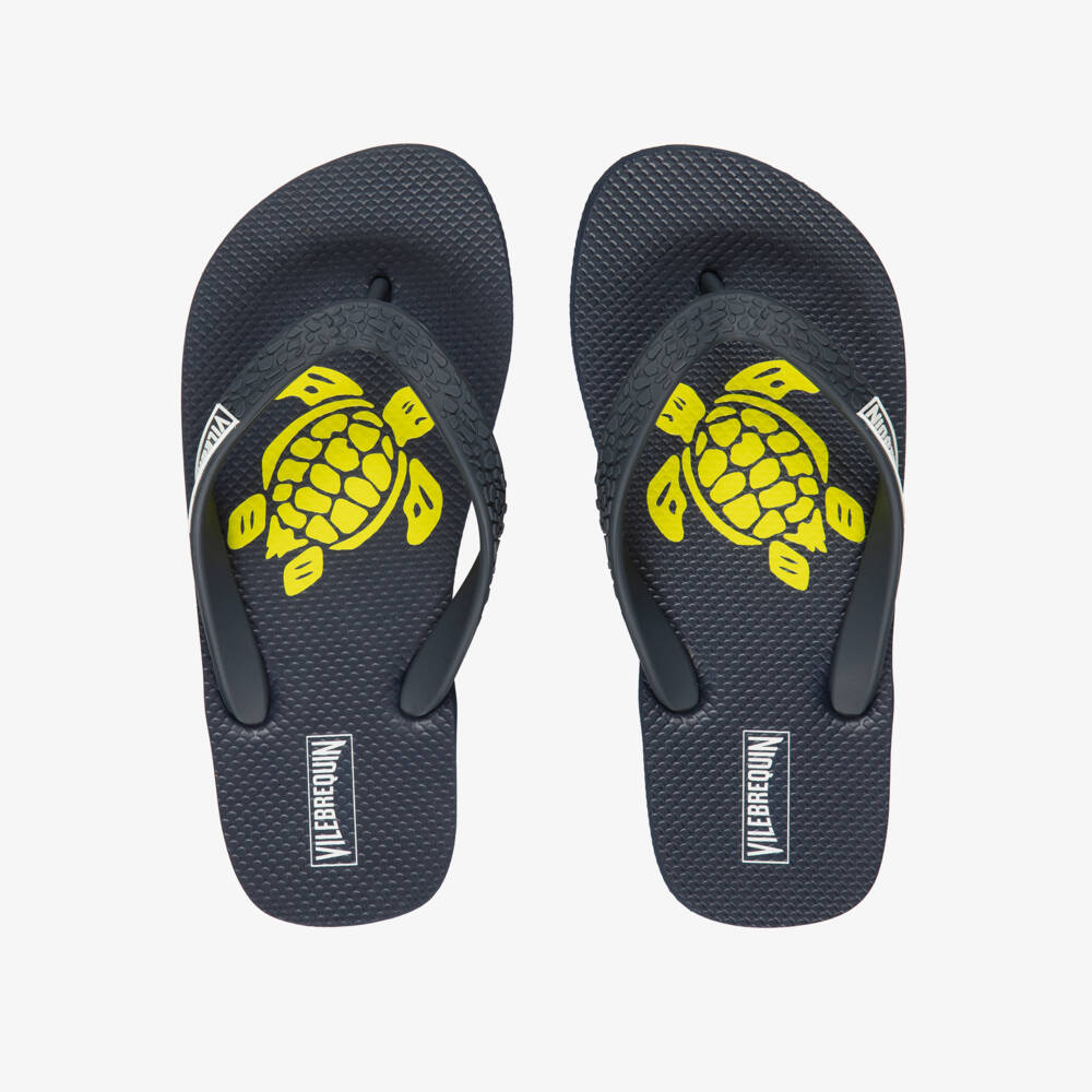 Vilebrequin-Boys Navy Blue Flip Flops with Turtle Print | Childrensalon