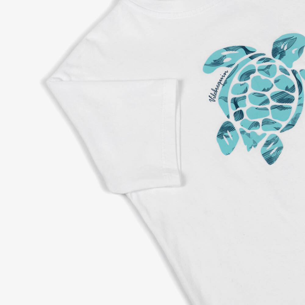 Vilebrequin-Boys White Organic Cotton T-Shirt with Aqua Blue Turtle Print | Childrensalon