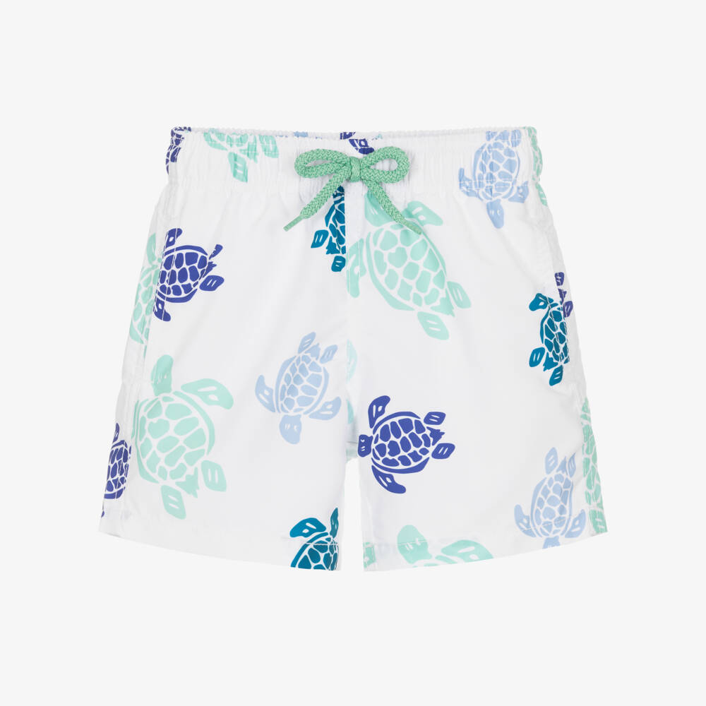 Vilebrequin-Boys White Swim Shorts with Blue & Green Turtle Print  | Childrensalon