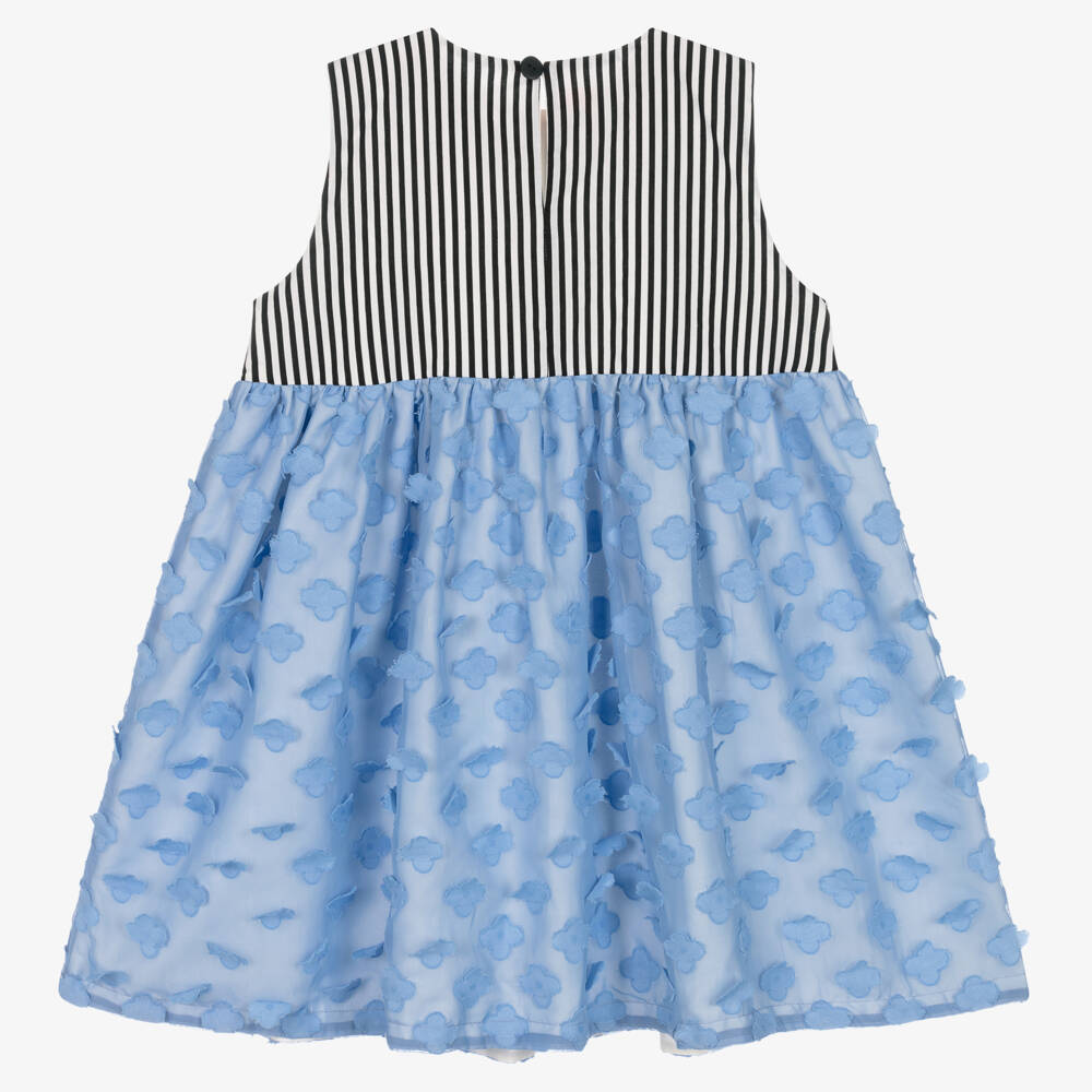 Wauw Capow-Girls Blue Floral & Black Stripe Dress | Childrensalon