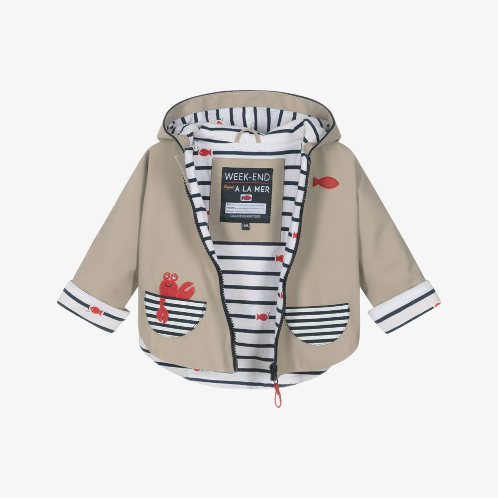 Week-end à la mer-Baby Boys Beige Rain Cape with Breton Stripe Detailing | Childrensalon