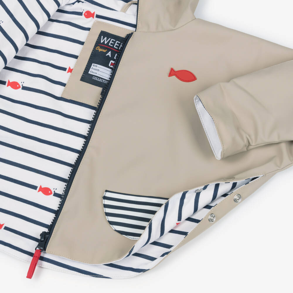 Week-end à la mer-Baby Boys Beige Rain Cape with Breton Stripe Detailing | Childrensalon