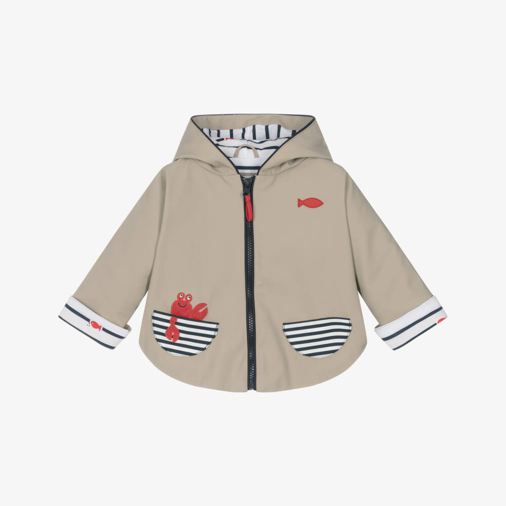 Week-end à la mer-Baby Boys Beige Rain Cape with Breton Stripe Detailing | Childrensalon